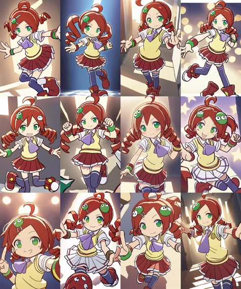 1girl, <lora:sdxl-py-ringo:0.8> ando ringo, green eyes, character hair ornament, red hair, ahoge, twin drill, wristband white skirt, cleamyellow sweater vest, red skirt, purple necktie, school uniform, navyblue thighhighs, red shoes, zettai ryouiki __facialS__ school, extremely quality extremely detailed, illustration, cute anime face cinematic lighting