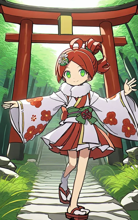 1girl, <lora:sdxl-py-ringo:0.8> ando ringo, green eyes, character hair ornament, red hair, ahoge, twin drill, zettai ryouiki Rejoicing, Itsukushima shrine, (((jinja shrine, torii, stone pavement, mysterious, wind, quiet, bamboo grass, filtering through trees))) floating hair glowing eyes leaves, nature, (sunlight) forest bloom, intricate japanese_clothes, kimono ornate flower embroidery kimono, detached sleevs,very baggy and wide sleeves kimono intricate furisode print_kimono geta intricate flower_print White fur collar,japanese hair ornamen folded ponytail
