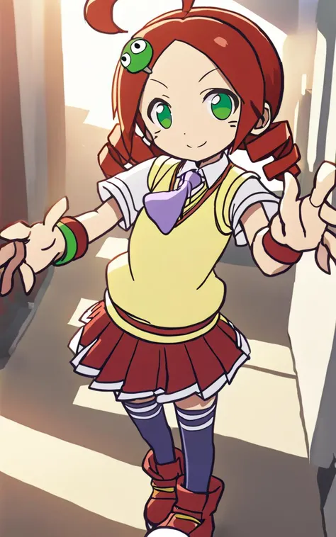 1girl, <lora:sdxl-py-ringo:0.8> ando ringo, green eyes, character hair ornament, red hair, ahoge, twin drill, wristband white skirt, cleamyellow sweater vest, red skirt, purple necktie, school uniform, navyblue thighhighs, red shoes, zettai ryouiki Gleeful school, extremely quality extremely detailed, illustration, cute anime face cinematic lighting