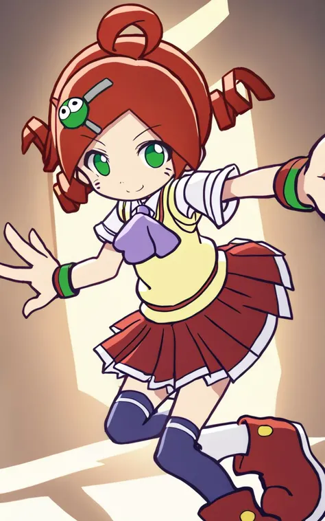 1girl, <lora:sdxl-py-ringo:0.8> ando ringo, green eyes, character hair ornament, red hair, ahoge, twin drill, wristband white skirt, cleamyellow sweater vest, red skirt, purple necktie, school uniform, navyblue thighhighs, red shoes, zettai ryouiki Bashful school, extremely quality extremely detailed, illustration, cute anime face cinematic lighting