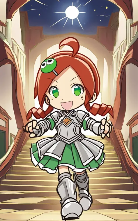 1girl, <lora:sdxl-py-ringo:0.8> ando ringo, green eyes, character hair ornament, red hair, ahoge, twin drill, zettai ryouiki Elated, Cursed Ruins, Mixed Lighting, fantasy ( Glossy Metallic Engraving Pattern long shirt gold armor intricate dress armor intricate Plunging armor intricate breastplate gladiator) muscular helmet stole tabard
