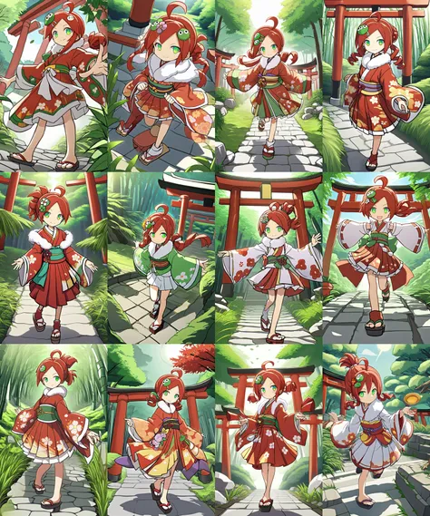 1girl, <lora:sdxl-py-ringo:0.8> ando ringo, green eyes, character hair ornament, red hair, ahoge, twin drill, zettai ryouiki __facialS__, Itsukushima shrine, (((jinja shrine, torii, stone pavement, mysterious, wind, quiet, bamboo grass, filtering through trees))) floating hair glowing eyes leaves, nature, (sunlight) forest bloom, intricate japanese_clothes, kimono ornate flower embroidery kimono, detached sleevs,very baggy and wide sleeves kimono intricate furisode print_kimono geta intricate flower_print White fur collar,japanese hair ornamen folded ponytail