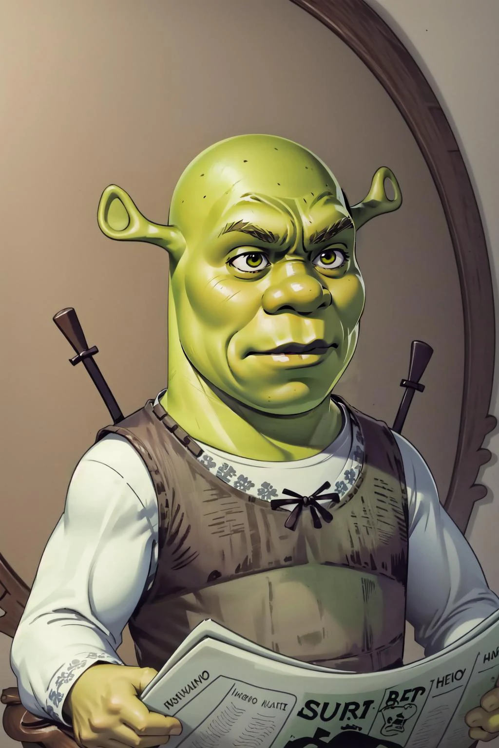 (masterpiece, best quality), intricate details,
1boy, green skin, ogre, <lora:ShrekDoguVersion2:0.8> shrex, shrek,
<lora:TomReadingTheNewspaper:1> TomReadingTheNewspaper, <lora:ColoredSkin:0.8>