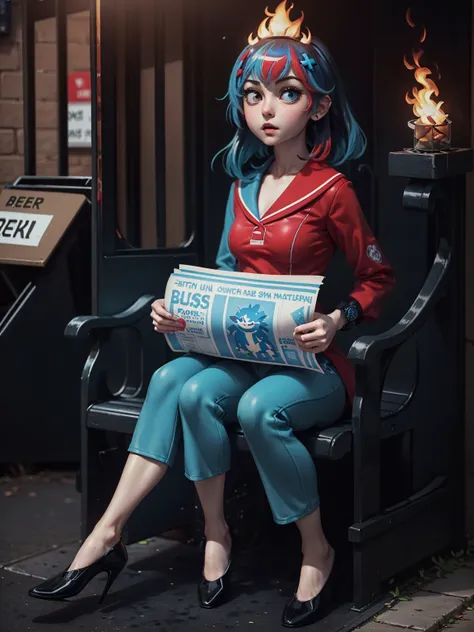 (masterpiece, best quality, high quality, natural lighting, grainy:1.1), <lora:Switchchan:0.75>, switch-chan sitting holding (paper on fire:1.2), TomReadingTheNewspaper ,(bus stop:1.1), <lora:TomReadingTheNewspaper:0.75>