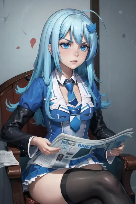 Highly detailed, High Quality, Masterpiece, beautiful, TomReadingTheNewspaper, <lora:TomReadingTheNewspaper:1>, 1girl, solo, Twitter-chan, hair ornament, white shirt, black long-sleeve shirt, layered sleeves, necktie, blue skirt, black thighhighs, <lora:Char_Meme_Twitterchan:0.8>