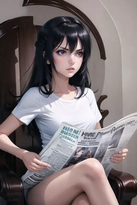 Highly detailed, High Quality, Masterpiece, beautiful, TomReadingTheNewspaper, <lora:TomReadingTheNewspaper:1>, 1girl, solo, red eyes, black hair, long hair, shirt, white shirt