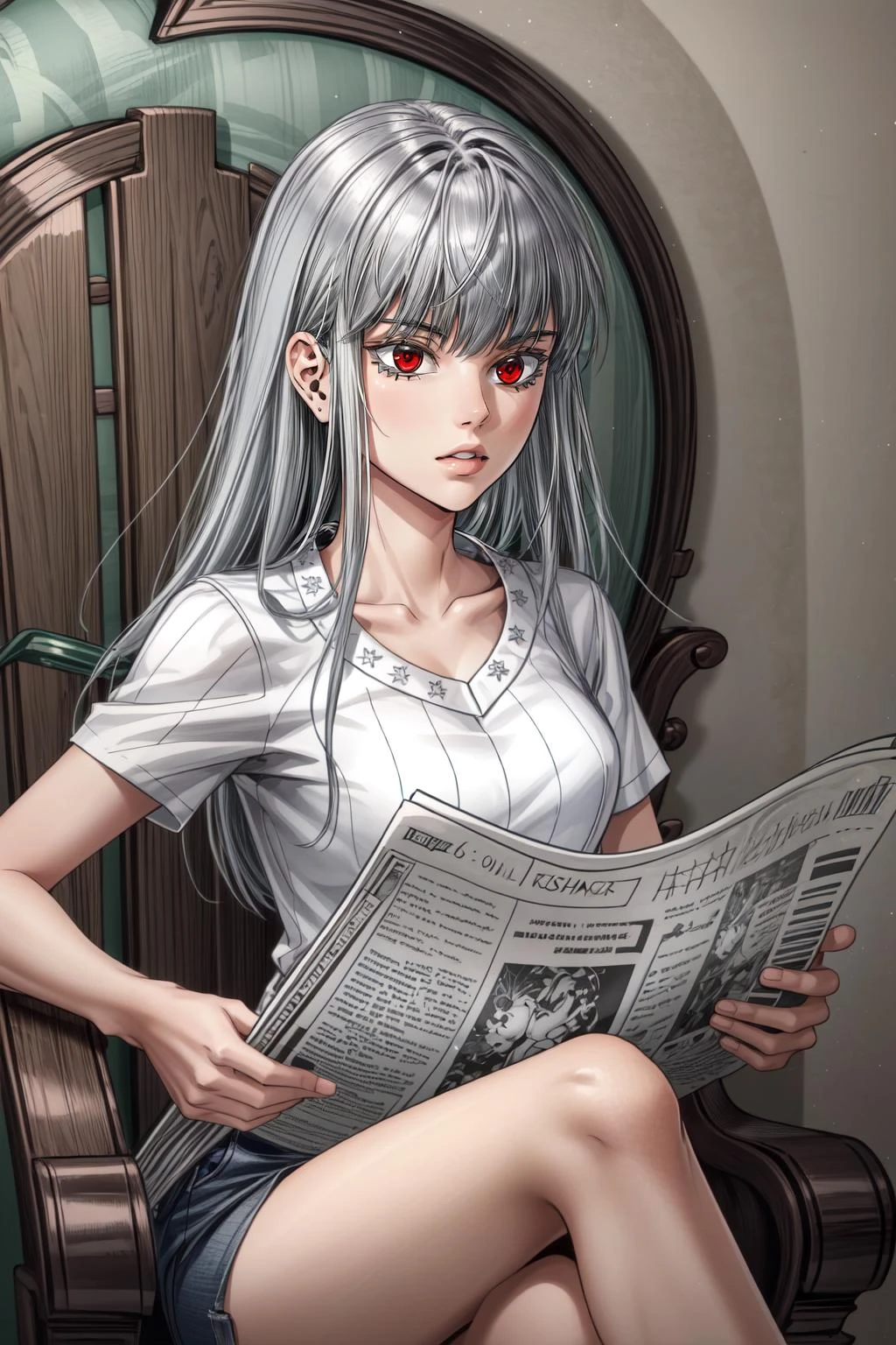 (masterpiece, best quality), intricate details,
1girl, <lora:ehwa:0.8> 1girl, solo, silver hair, red eyes, bangs,
sitting down,<lora:TomReadingTheNewspaper:0.8> TomReadingTheNewspaper,
<lora:add_detail:0.8> <lora:hairdetailer:0.5> <lora:hadanuri1:0.4>