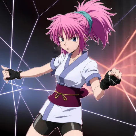 <lora:machi001:0.7>,
machi,1girl,
ponytail,
short kimono,
obi,sash,
fingerless gloves,
bike shorts,
(threads:1.3),glowing threads,fighting_stance,