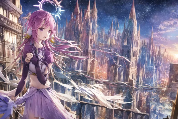 ((jibril)) ((((<lora:Jibril(NoGameNoLife)_Full_animefinal:1>))))
jibril (no game no life), official clothes, scythe, compass rose halo, (((1girl))), long hair, halo, magic circle, solo, navel, pink hair, feathered wings, breasts, open mouth, white wings, wings, low wings, gloves, midriff, animal ears, angel wings, sun, day, ruins, broken glass, broken clock tower
masterpiece, best quality,<lora:RAL-000010:0.5>,1girl,,ruins,wave,rain,starry sky, night,city,citylights