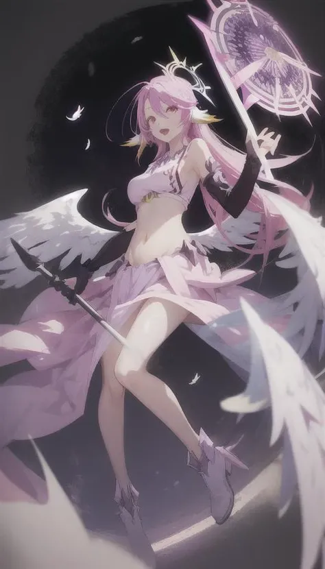 jibril 1girl, solo, long hair, breasts, sideboob, halo, pink hair, pink stocking, low wings, compass rose halo, wings, navel, book, gloves, bird ears, midriff, magic circle, asymmetrical legwear, angel, angel wings, animal ears, very long hair, yellow eyes, white wings, large breasts, mismatched legwear, single shoe, feathered wings, orange eyes, shoes, multicolored eyes, thighhighs, crop top, cross, multicolored hair, gradient hair, looking at viewer,