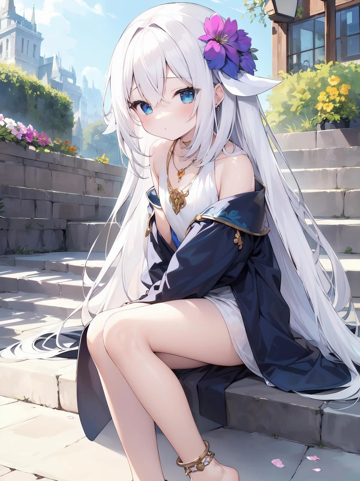 masterpiece, best quality, highres, original, (cosplay), (ultra detailed fantasy),
1girl, ite, anklet, barefoot,
flat_chest, ( shiny skin), (a flower in her hair, white hair,very long hair, big hair, hair spread out), jewelry,
outdoors, street, steps, winter, warm sun, natural light, light tracing,
