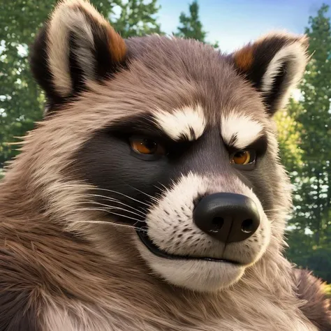 furrender style, a portrait of a large muscular raccoon, wearing leather jacket, park background, photorealistic, 35mm, cinematic lighting and color grading, sharp focus