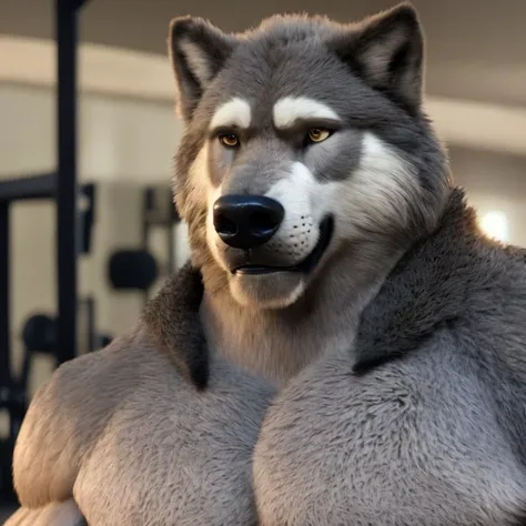 furrender style, a very muscular male gray wolf, lean, full upper body, toothy grin, bodybuilder, in a weight room, layers of long fur on shoulders, layers of long fur on neck, layers of fur on chest, layers of long fur on arms, layers of fur on abs, photorealistic, 35mm, cinematic lighting and color grading, key light, sharp focus, depth of field background, extreme detail