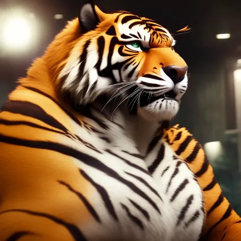 furrender style, portrait of a large muscular male siberian tiger, wearing shirtless, kitchen background, green eyes, photorealistic, 35mm, cinematic lighting and color grading, key light, sharp focus, depth of field background, extreme detail, 4k, (soft lighting:1.4)