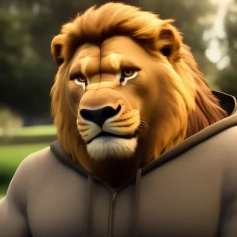 furrender style, portrait of a large muscular male lion, wearing hoodie, park background, black eyes, photorealistic, 35mm, cinematic lighting and color grading, key light, sharp focus, depth of field background, extreme detail, 4k, (soft lighting:1.4)