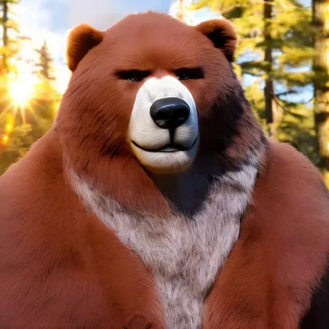 furrender style, portrait of a Warrior bear, humanoid, rust fur, sunshine forest, fantasy, realistic. photorealistic, 35mm, cinematic lighting and color grading, key light, sharp focus, depth of field background, extreme detail, 4k