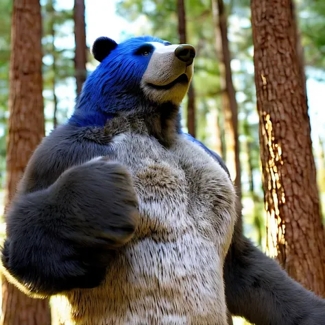furrender style, portrait of a Warrior bear, humanoid, war sword, blue fur, sunshine forest, fantasy, realistic. photorealistic, 35mm, cinematic lighting and color grading, key light, sharp focus, depth of field background, extreme detail, 4k
