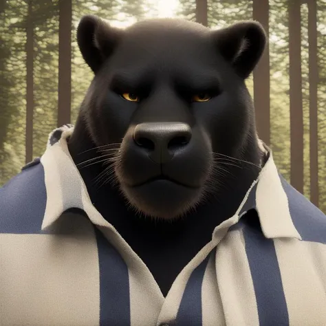 furrender style, a portrait of a large muscular black panther, wearing flannel, snowy forest background, photorealistic, 35mm, cinematic lighting and color grading, sharp focus