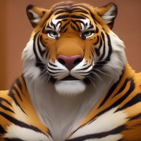 furrender style, a portrait of a large muscular siberian tiger, wearing collar, kitchen background, photorealistic, 35mm, cinematic lighting and color grading, sharp focus