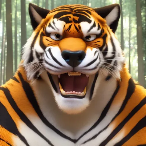 furrender style, a portrait of a large muscular tiger, wearing shirtless, forest background, mouth open, cartoony eyes, photorealistic, 35mm, cinematic lighting and color grading, sharp focus