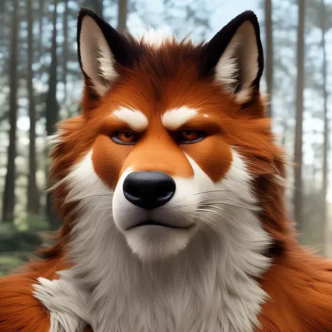 furrender style, a portrait of a large muscular fox, wearing no shirt, forest background, photorealistic, 35mm, cinematic lighting and color grading, sharp focus