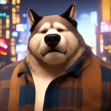 furrender style, a portrait of a large muscular dog, wearing flannel, dystopian cyberpunk city background, photorealistic, 35mm, cinematic lighting and color grading, sharp focus