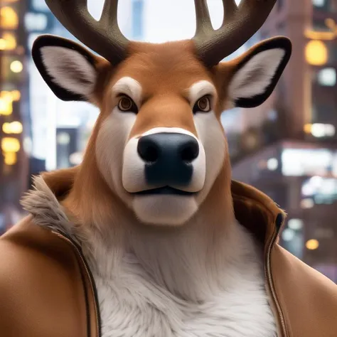 furrender style, a portrait of a large muscular deer, wearing hoodie, city street background, photorealistic, 35mm, cinematic lighting and color grading, sharp focus