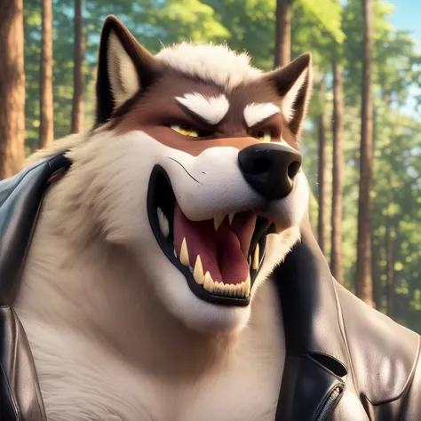 furrender style, a portrait of a large muscular wolf, wearing leather jacket, forest background, mouth open, cartoony eyes, photorealistic, 35mm, cinematic lighting and color grading, sharp focus