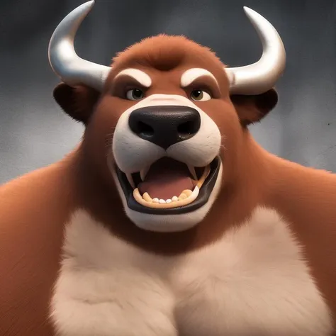 furrender style, a portrait of a large muscular bull, wearing shirtless, photo studio background, mouth open, cartoony eyes, photorealistic, 35mm, cinematic lighting and color grading, sharp focus