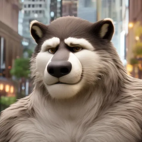 furrender style, a portrait of a large muscular raccoon, city street background, photorealistic, 35mm, cinematic lighting and color grading, sharp focus