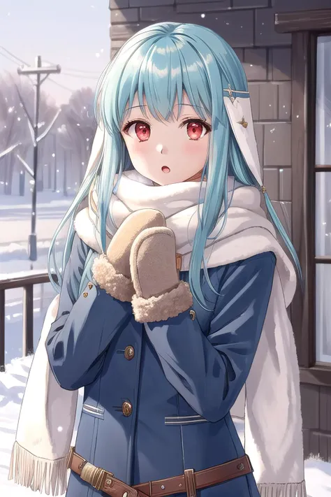 <lora:ninian-10:0.8>, ninian fe, 1girl, solo, winter, winter coat, fur trim, long sleeves, mittens, scarf, :o, red eyes, upper body