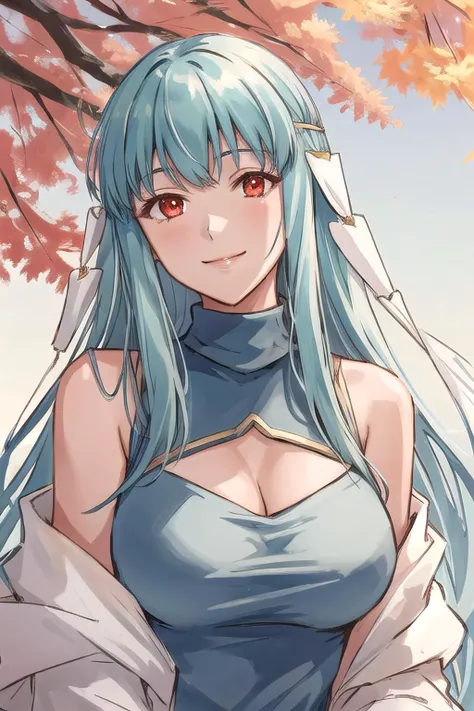 <lora:ninian-10:0.8>, ninian fe, 1girl, solo, autumn, smile, sweater, turtleneck, cleavage cutout, upper body, red eyes