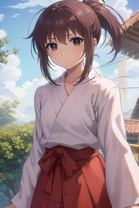 kaorukosumirekoichijou, <lora:kaoruko sumireko ichijou s1-lora-nochekaiser:1>,
kaoruko sumireko ichijou, brown hair, (brown eyes:1.5), ponytail,
BREAK skirt, long sleeves, japanese clothes, hakama, hakama skirt, miko, red hakama,
BREAK outdoors, shrine,
BREAK looking at viewer, (cowboy shot:1.5)
BREAK <lyco:GoodHands-beta2:1>, (masterpiece:1.2), best quality, high resolution, unity 8k wallpaper, (illustration:0.8), (beautiful detailed eyes:1.6), extremely detailed face, perfect lighting, extremely detailed CG, (perfect hands, perfect anatomy),