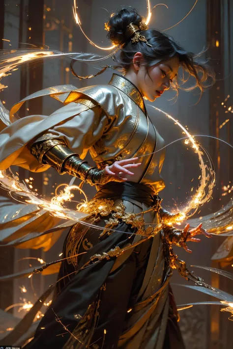 Best quality,masterpiece,ultra high res,solo,<lora:roujinzhi:0.8>1girl, ,roujinzhi,Chinese Zen style,impactful picture,translucent and glowing metallic patterns,(glowing metal objects hovering in the air and surrounding him:1.2),(Electric arcs and sparks:1.2),(flow of energy:1.2),(translucent magnetic lines:1.2),(golden silver grey and shimmering light effects:1.2),