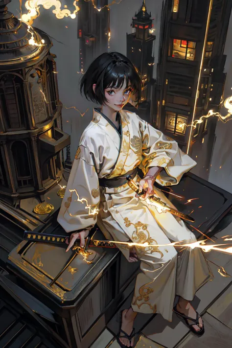 (masterpiece, best quality;1.3), extremely detailed ,ultra detailed,  1GIRL,solo,  looking at viewer, smile,
 black hair, bob cut, white skin,roujinzhi, Electric arcs and sparks, gold aura, blue lightning, katana, 
 <lora:roujinzhi:0.9> gold city, sitting tower rooftop, from above,