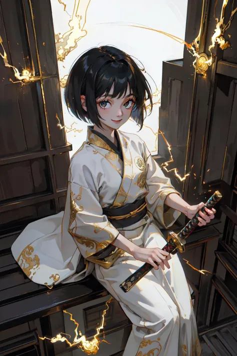 (masterpiece, best quality;1.3), extremely detailed ,ultra detailed,  1GIRL,solo,  looking at viewer, smile,
 black hair, bob cut, white skin,roujinzhi, Electric arcs and sparks, gold aura, blue lightning, katana,  gold ghost,
 <lora:roujinzhi:0.8> gold city, sitting tower rooftop, from above,