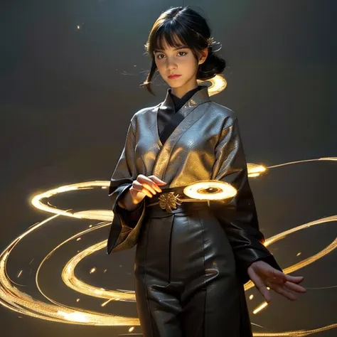 1girl,Best quality,masterpiece,ultra high res,solo,1girl,roujinzhi,Chinese Zen style,impactful picture,translucent and glowing metallic patterns,(glowing metal objects hovering in the air and surrounding him:1.2),(Electric arcs and sparks:1.2),(flow of energy:1.2),(translucent magnetic lines:1.2),(golden silver grey and shimmering light effects:1.2),<lora:roujinzhi:0.7>