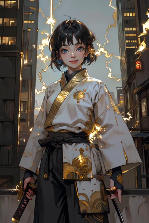 (masterpiece, best quality;1.3), extremely detailed ,ultra detailed,  1GIRL,solo,  looking at viewer, smile,
 black hair, bob cut, white skin,roujinzhi, Electric arcs and sparks, gold aura, blue lightning, katana, 
 <lora:roujinzhi:0.9> gold city, standing tower rooftop,