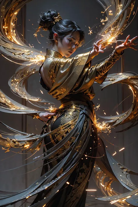 Best quality,masterpiece,ultra high res,solo,<lora:roujinzhi:0.8>1girl, ,roujinzhi,Chinese Zen style,impactful picture,translucent and glowing metallic patterns,(glowing metal objects hovering in the air and surrounding him:1.2),(Electric arcs and sparks:1.2),(flow of energy:1.2),(translucent magnetic lines:1.2),(golden silver grey and shimmering light effects:1.2),