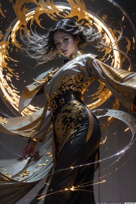 Best quality,masterpiece,ultra high res,solo,<lora:roujinzhi:0.8>1girl, ,roujinzhi,Chinese Zen style,impactful picture,translucent and glowing metallic patterns,(glowing metal objects hovering in the air and surrounding him:1.2),(Electric arcs and sparks:1.2),(flow of energy:1.2),(translucent magnetic lines:1.2),(golden silver grey and shimmering light effects:1.2),