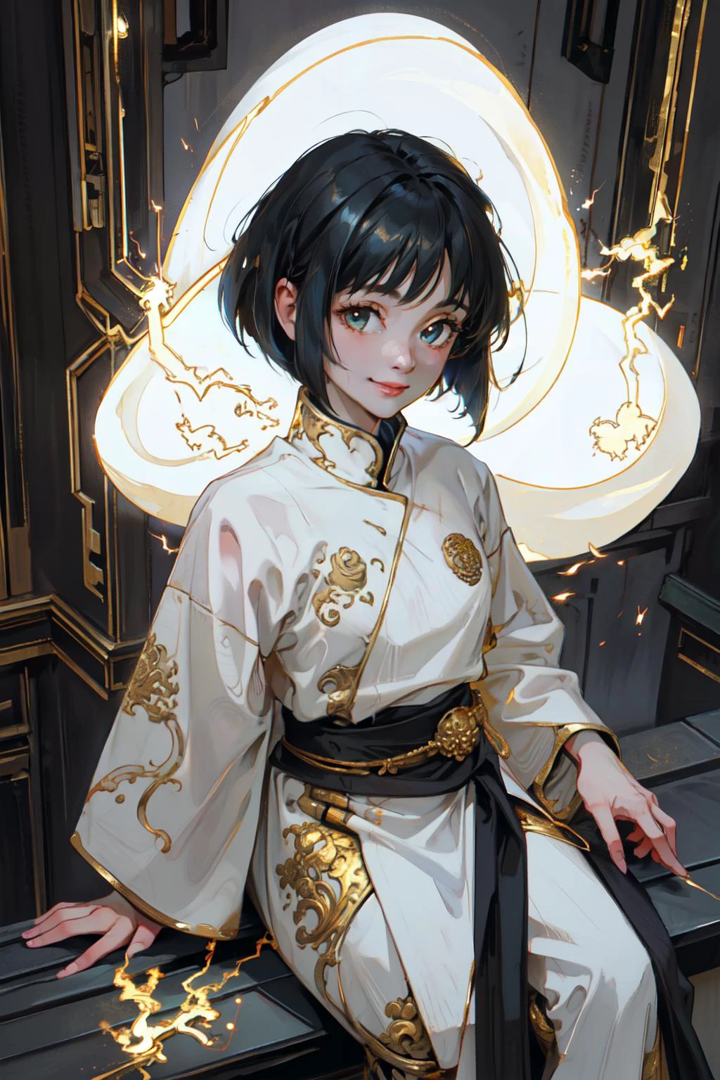 (masterpiece, best quality;1.3), extremely detailed ,ultra detailed, 1GIRL,solo, looking at viewer, smile,
black hair, bob cut, white skin,roujinzhi, Electric arcs and sparks, gold aura, blue lightning, gold ghost,
<lora:roujinzhi:0.8> gold city, sitting tower rooftop, from above, facial close-up,