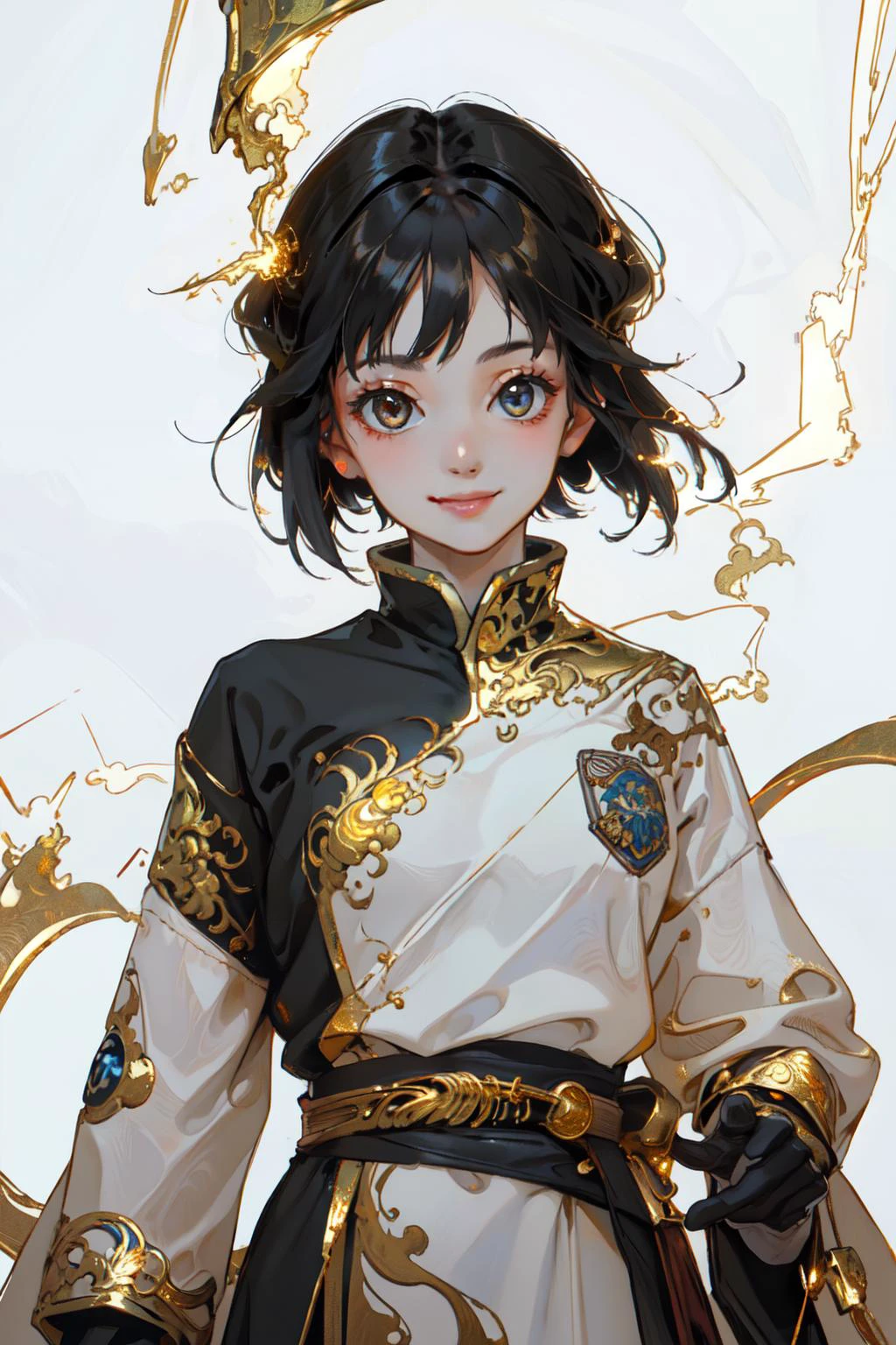 (masterpiece, best quality;1.3), extremely detailed ,ultra detailed, 1GIRL,solo, looking at viewer, smile,
black hair, bob cut, white skin,roujinzhi, Electric arcs and sparks, gold aura, blue lightning,
<lora:roujinzhi:0.9> gold background, gold city, roof-top,