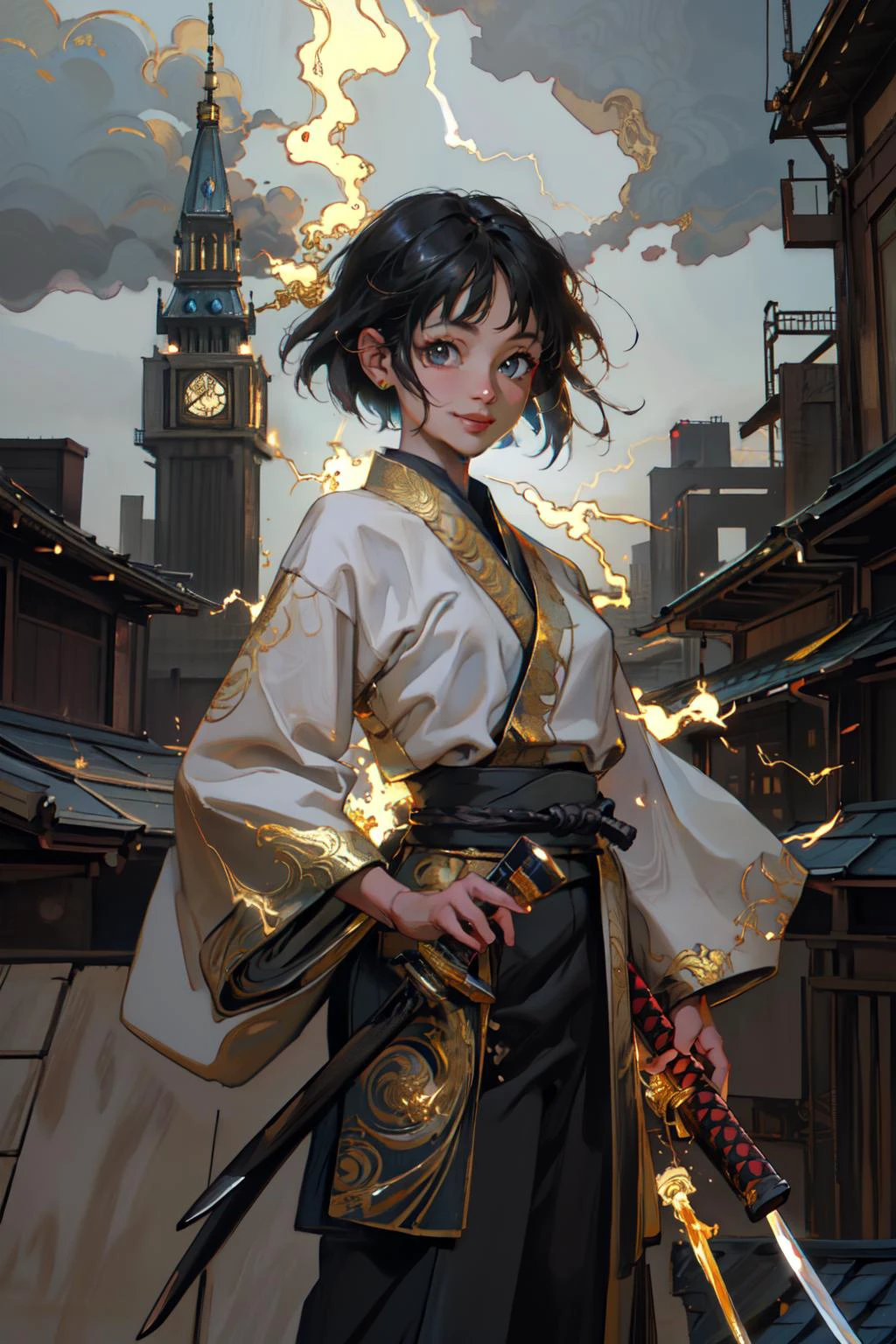 (masterpiece, best quality;1.3), extremely detailed ,ultra detailed, 1GIRL,solo, looking at viewer, smile,
black hair, bob cut, white skin,roujinzhi, Electric arcs and sparks, gold aura, blue lightning, katana,
<lora:roujinzhi:0.9> gold city, standing tower rooftop,