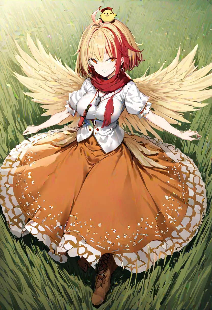 masterpiece, best quality, ultra-detailed, beautiful, nai3, 1girl, solo, full_body, tachi-e,
niwatari_kutaka, solo, 1girl, red_eyes, light_yellow_hair, red_hair_extension, short_hair, light_yellow_wings, light_yellow_feathery_tail, orange_dress, white_jacket, orange_puritan_collar, red_ribbon, brown_boots, bird_on_head, shirt, puffy_short_sleeves, boots, wings, tail, blonde_hair, red_hair, seductive_smile, looking_at_viewer, multicolored_hair, two-tone_hair, tail_feathers, bird_wings, yellow_feathered_wings, white_puffy_sleeves, short_sleeves, red_scarf, skirt_brown_skirt, white_shirt, red_ahoge, chick, whistle, detailed_eyes, perfect_face, detailed_field, withered_grass, white_grass, higanbana, lycoris_radiata, bird_tail,
