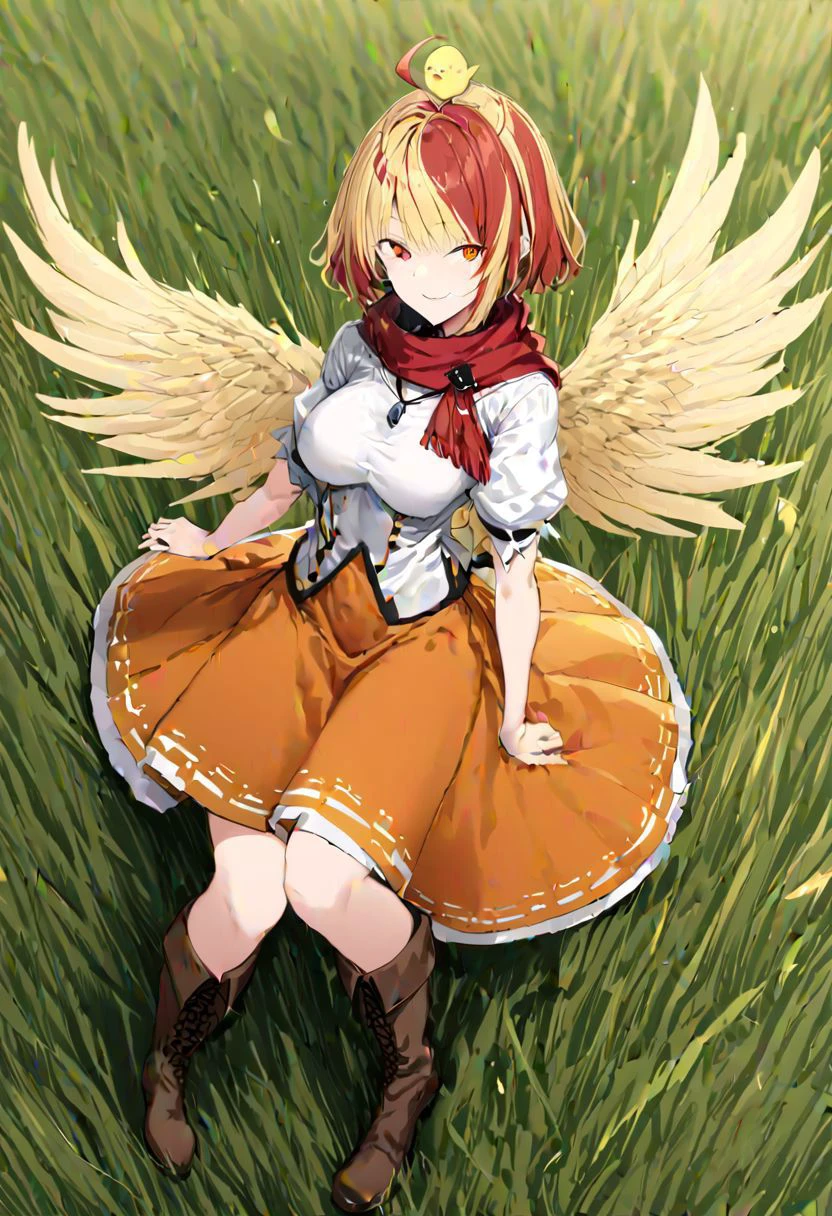 masterpiece, best quality, ultra-detailed, beautiful, nai3, 1girl, solo, full_body, tachi-e,
niwatari_kutaka, solo, 1girl, red_eyes, light_yellow_hair, red_hair_extension, short_hair, light_yellow_wings, light_yellow_feathery_tail, orange_dress, white_jacket, orange_puritan_collar, red_ribbon, brown_boots, bird_on_head, shirt, puffy_short_sleeves, boots, wings, tail, blonde_hair, red_hair, seductive_smile, looking_at_viewer, multicolored_hair, two-tone_hair, tail_feathers, bird_wings, yellow_feathered_wings, white_puffy_sleeves, short_sleeves, red_scarf, skirt_brown_skirt, white_shirt, red_ahoge, chick, whistle, detailed_eyes, perfect_face, detailed_field, withered_grass, white_grass, higanbana, lycoris_radiata, bird_tail,