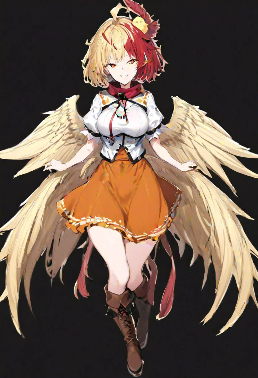 masterpiece, best quality, ultra-detailed, beautiful, nai3, 1girl, solo, full_body, tachi-e,
niwatari_kutaka, solo, 1girl, red_eyes, light_yellow_hair, red_hair_extension, short_hair, light_yellow_wings, light_yellow_feathery_tail, orange_dress, white_jacket, orange_puritan_collar, red_ribbon, brown_boots, bird_on_head, shirt, puffy_short_sleeves, boots, wings, tail, blonde_hair, red_hair, seductive_smile, looking_at_viewer, multicolored_hair, two-tone_hair, tail_feathers, bird_wings, yellow_feathered_wings, white_puffy_sleeves, short_sleeves, red_scarf, skirt_brown_skirt, white_shirt, red_ahoge, chick, whistle, bird_tail,