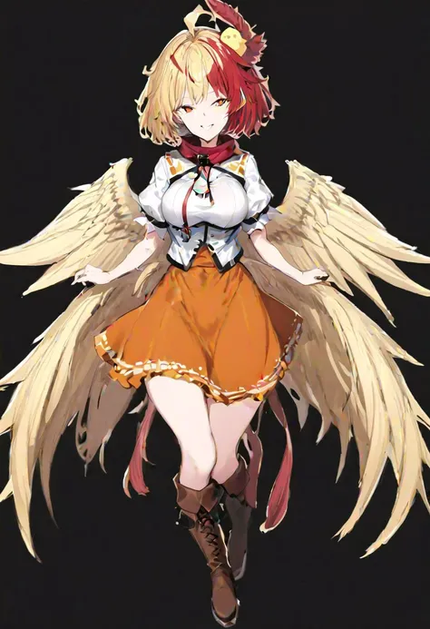 masterpiece, best quality, ultra-detailed, beautiful, nai3, 1girl, solo, full_body, tachi-e,
niwatari_kutaka, solo, 1girl, red_eyes, light_yellow_hair, red_hair_extension, short_hair, light_yellow_wings, light_yellow_feathery_tail, orange_dress, white_jacket, orange_puritan_collar, red_ribbon, brown_boots, bird_on_head, shirt, puffy_short_sleeves, boots, wings, tail, blonde_hair, red_hair, seductive_smile, looking_at_viewer, multicolored_hair, two-tone_hair, tail_feathers, bird_wings, yellow_feathered_wings, white_puffy_sleeves, short_sleeves, red_scarf, skirt_brown_skirt, white_shirt, red_ahoge, chick, whistle, bird_tail,