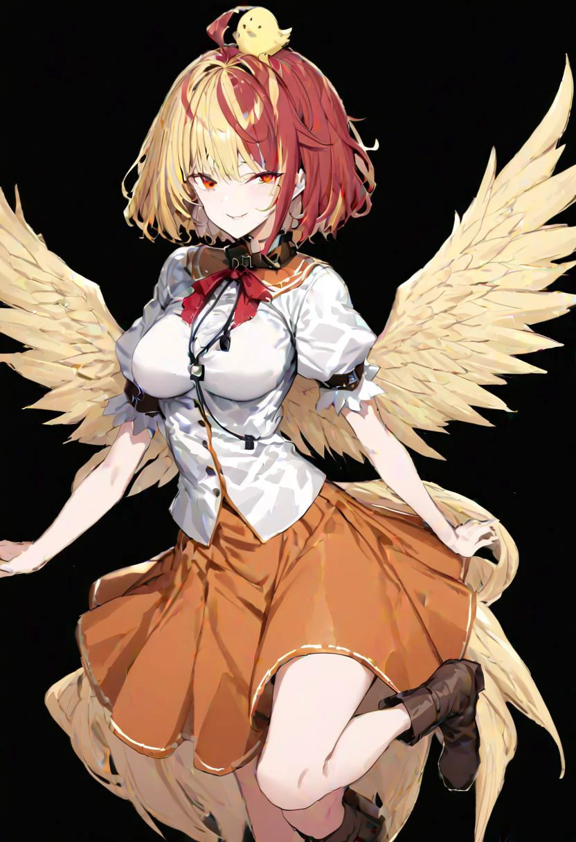 masterpiece, best quality, ultra-detailed, beautiful, nai3, 1girl, solo, full_body, tachi-e,
niwatari_kutaka, solo, 1girl, red_eyes, light_yellow_hair, red_hair_extension, short_hair, light_yellow_wings, light_yellow_feathery_tail, orange_dress, white_jacket, orange_puritan_collar, red_ribbon, brown_boots, bird_on_head, shirt, puffy_short_sleeves, boots, wings, tail, blonde_hair, red_hair, seductive_smile, looking_at_viewer, multicolored_hair, two-tone_hair, tail_feathers, bird_wings, yellow_feathered_wings, white_puffy_sleeves, short_sleeves, red_scarf, skirt_brown_skirt, white_shirt, red_ahoge, chick, whistle, bird_tail,