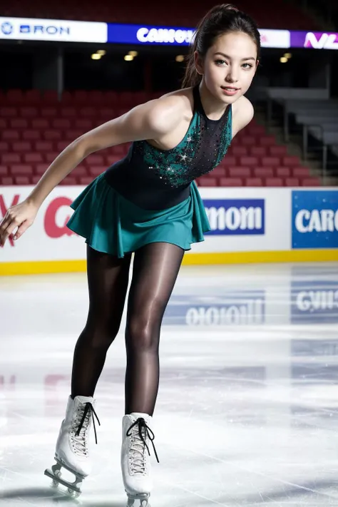 ((teenage focus)), symmetric, quality, ultra high res, (photorealistic:1.4), a woman, full body, looking at viewer, Canon EOS RP, 8k, 85mm,masterpiece, best quality, realistic, ultra detailed,extremely detailed face, solo,1girl, dudou, ((stadium, ice rink)),  looking at viewer, (warm smile), full body, 
((ice rink interior:1.2)), ((skating)), 
((green <lora:Skating-000004:0.8>)),, (masterpiece,best quality:1.5)