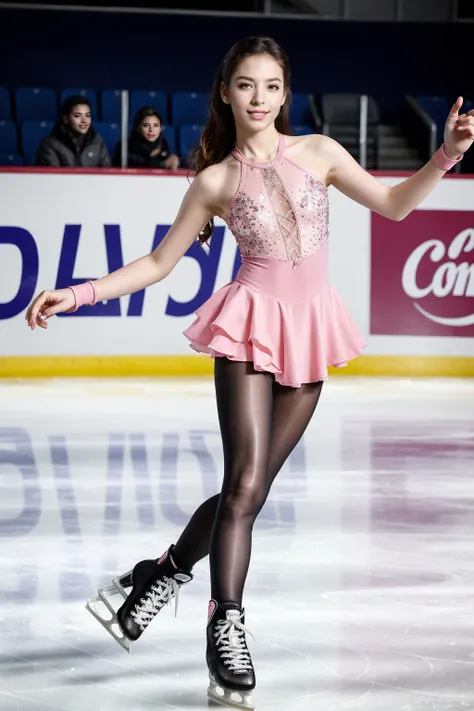 ((teenage focus)), symmetric, quality, ultra high res, (photorealistic:1.4), a woman, full body, looking at viewer, Canon EOS RP, 8k, 85mm,masterpiece, best quality, realistic, ultra detailed,extremely detailed face, solo,1girl, dudou, ((stadium, ice rink)),  looking at viewer, (warm smile), full body, 
((ice rink interior:1.2)), ((skating)), 
((pink <lora:Skating-000004:0.8>)),, (masterpiece,best quality:1.5)